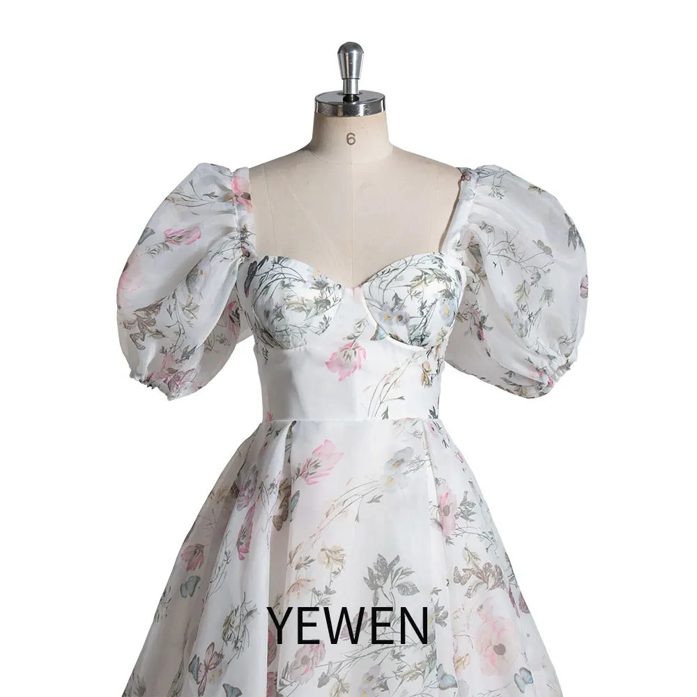 Off the Shoulder Floral Print A Line Sweep Train Evening Party Dress YEWEN YW240052