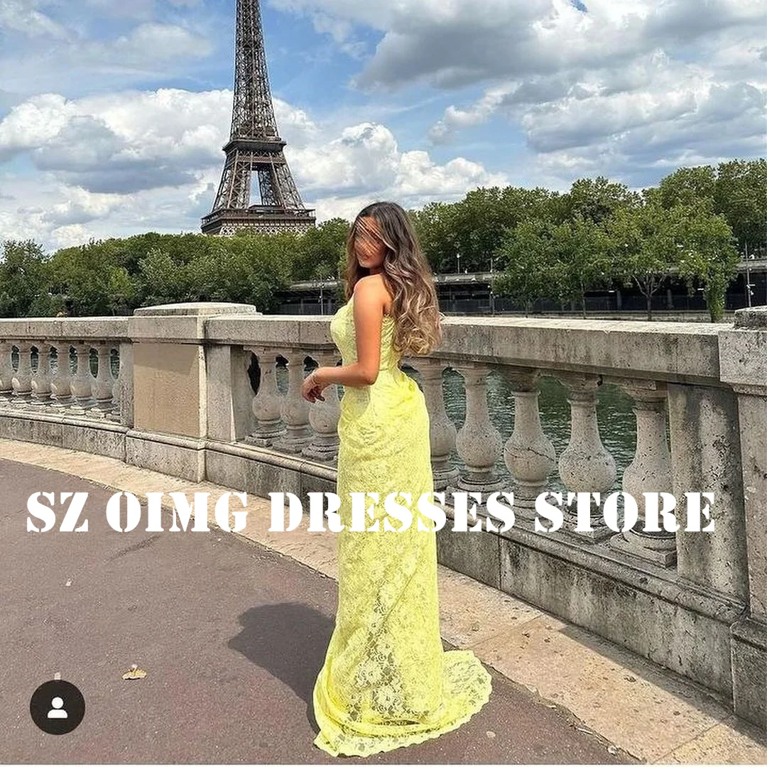 OIMG New Design Sleeveless Spaghetti Straps Prom Dresses Saudi Arabic Women Yellow Lace Ruched Evening Gowns Formal Party Dress