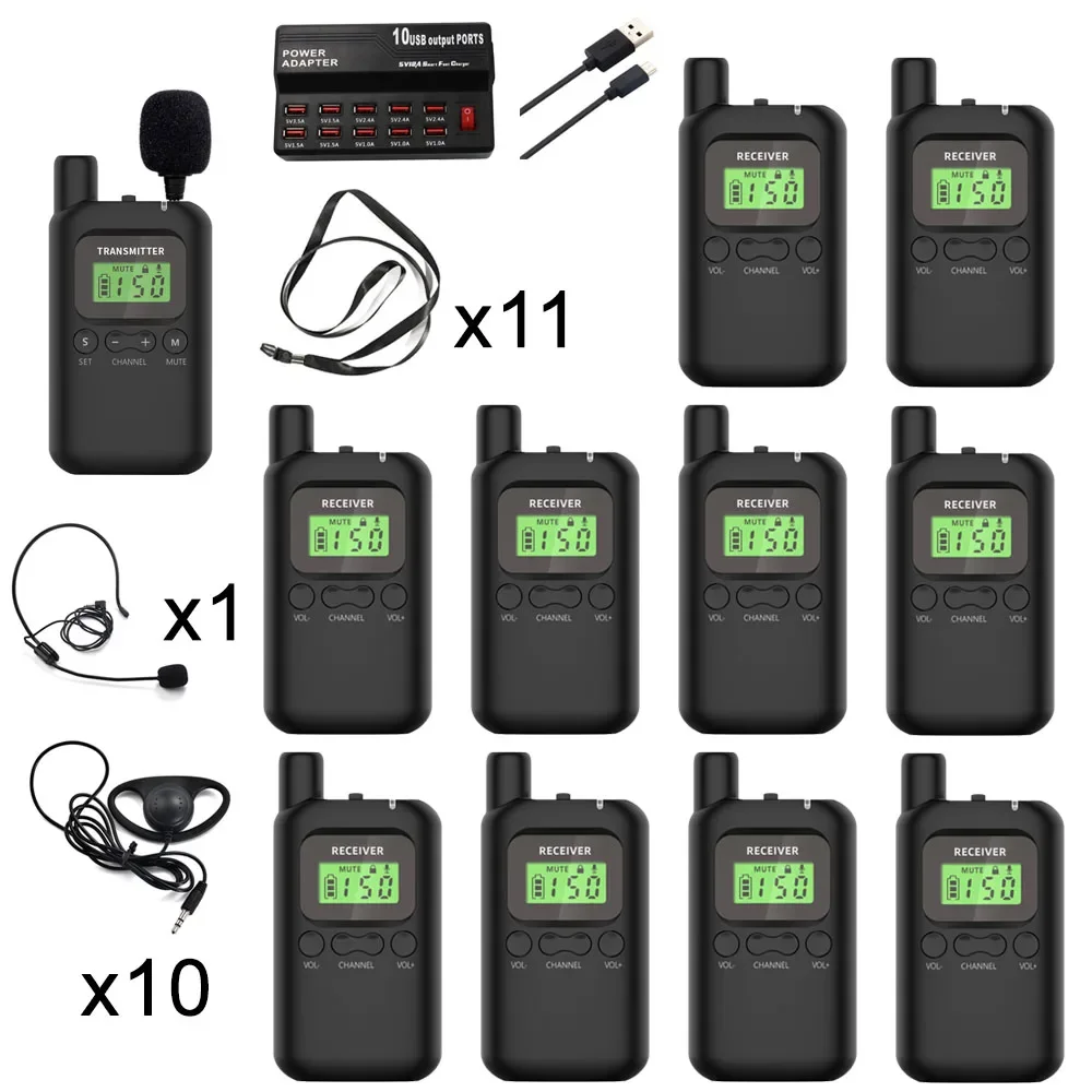 

Wireless Whisper Tour Guide System 1 Transmitter with 2 Microphones, 10 Receivers, 1 Charger for Simultaneous Interpretation