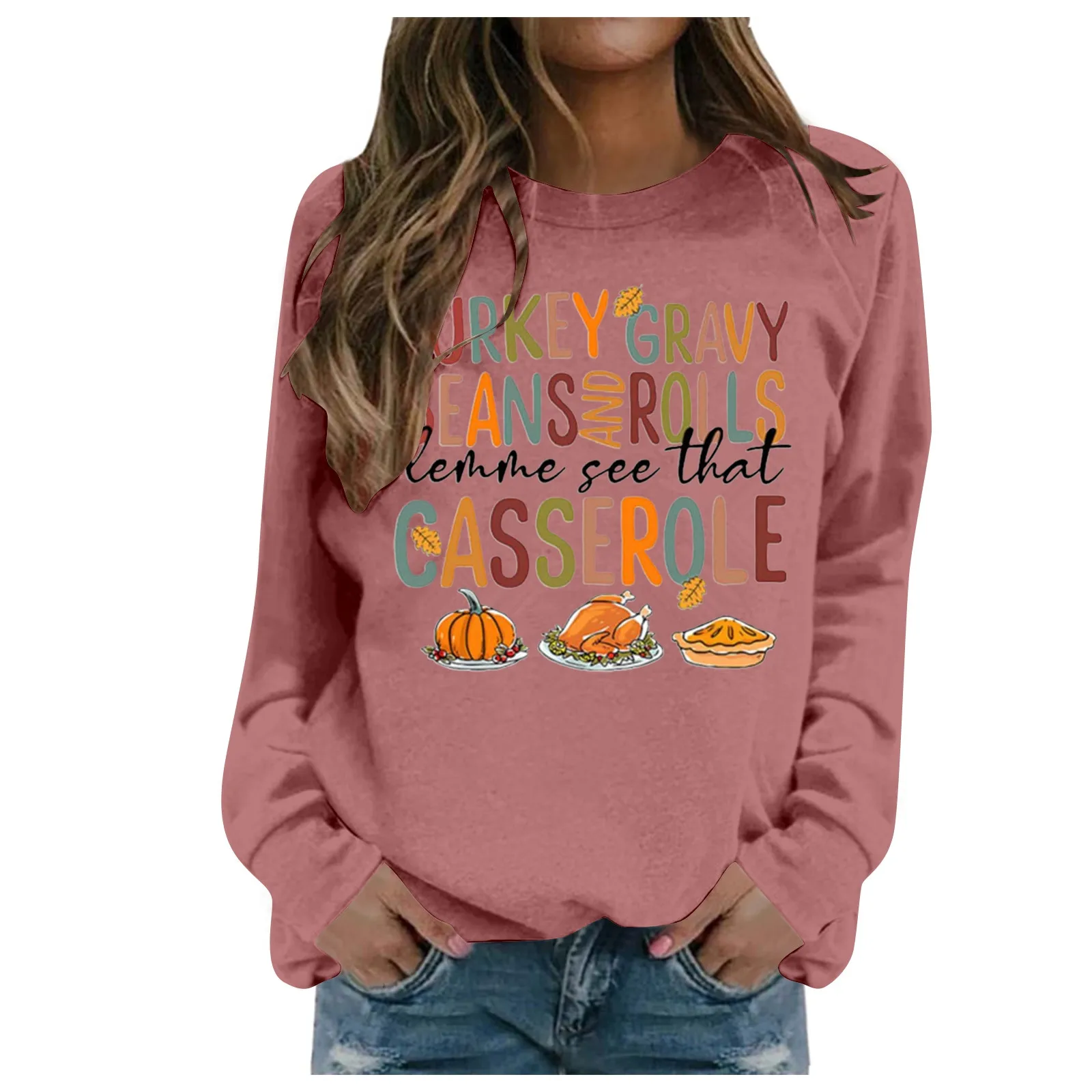 Thanksgiving Day Women's Pullover Sweatshirt Autumn Winter Turkey Gravy Beans Rolls Casserole Printed Sweatshirt Round Neck Top