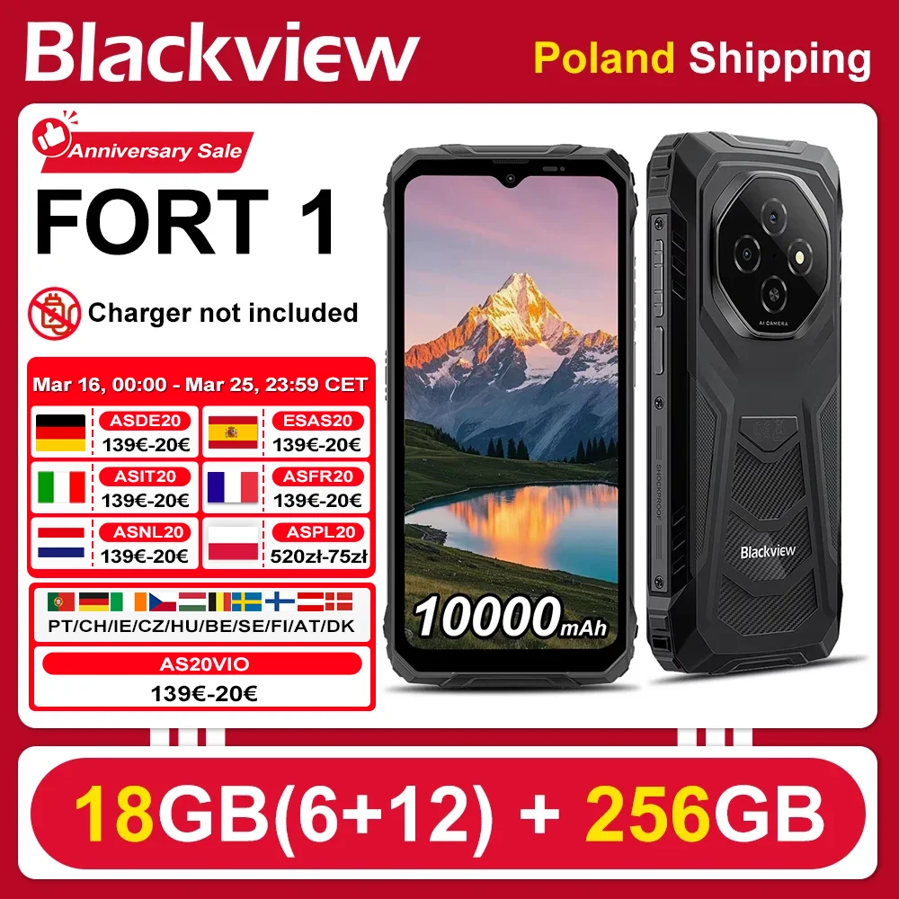 [Shipping From Poland] [No EU charger ] Blackview FORT 1 Rugged Smartphone 6.56'' 18GB (6+12) RAM 256GB Android 15 10000mAh 18W