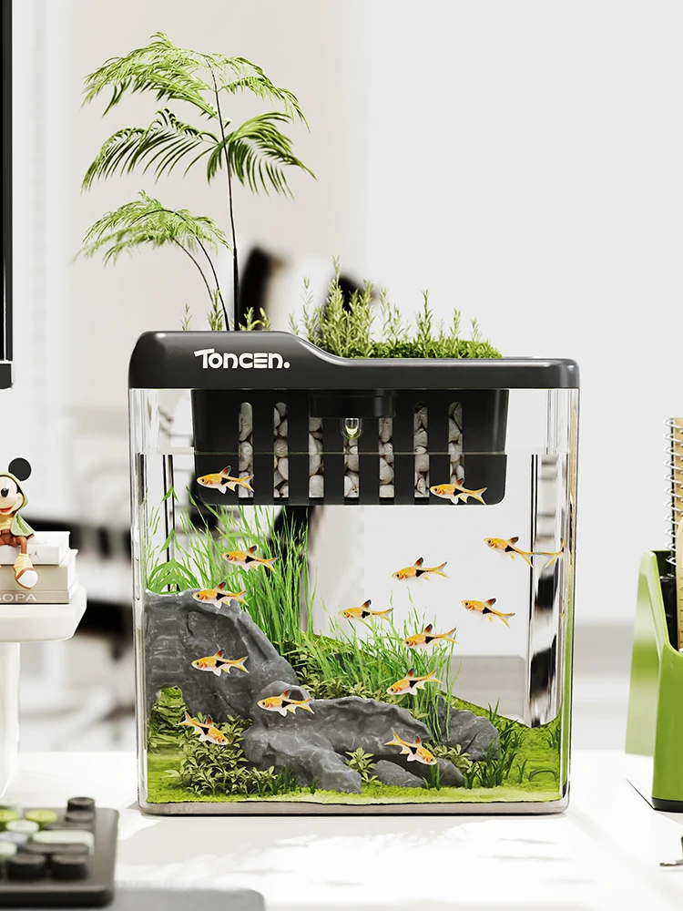 Small Desktop Fish Tank Transparent with Lid And Light for Bedroom Office Living Room Study Aquarium for Goldfish And Tropica...