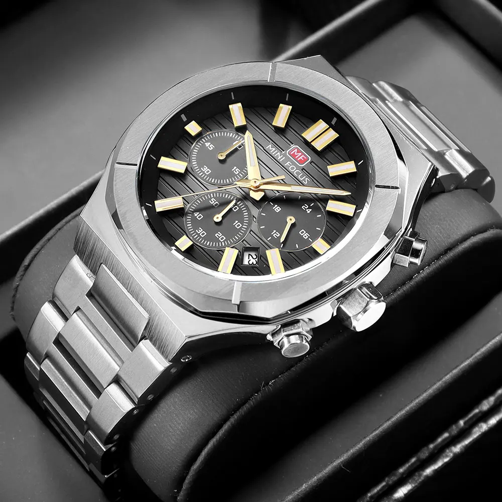 MINI FOCUS Mens Watches Fashion Casual Multifunction Quartz Watch with Luminous Hands Stainless Steel Band Chronograph Calendar