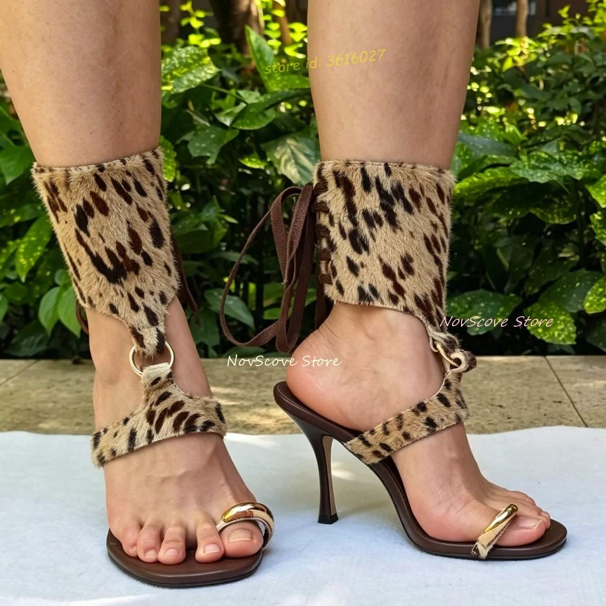 Open Toe Long-Haired Sandals High Heels Ankle Wrapped Lace Up Sandals Rings Decor Summer Sexy Women Cutouts Party Sandals