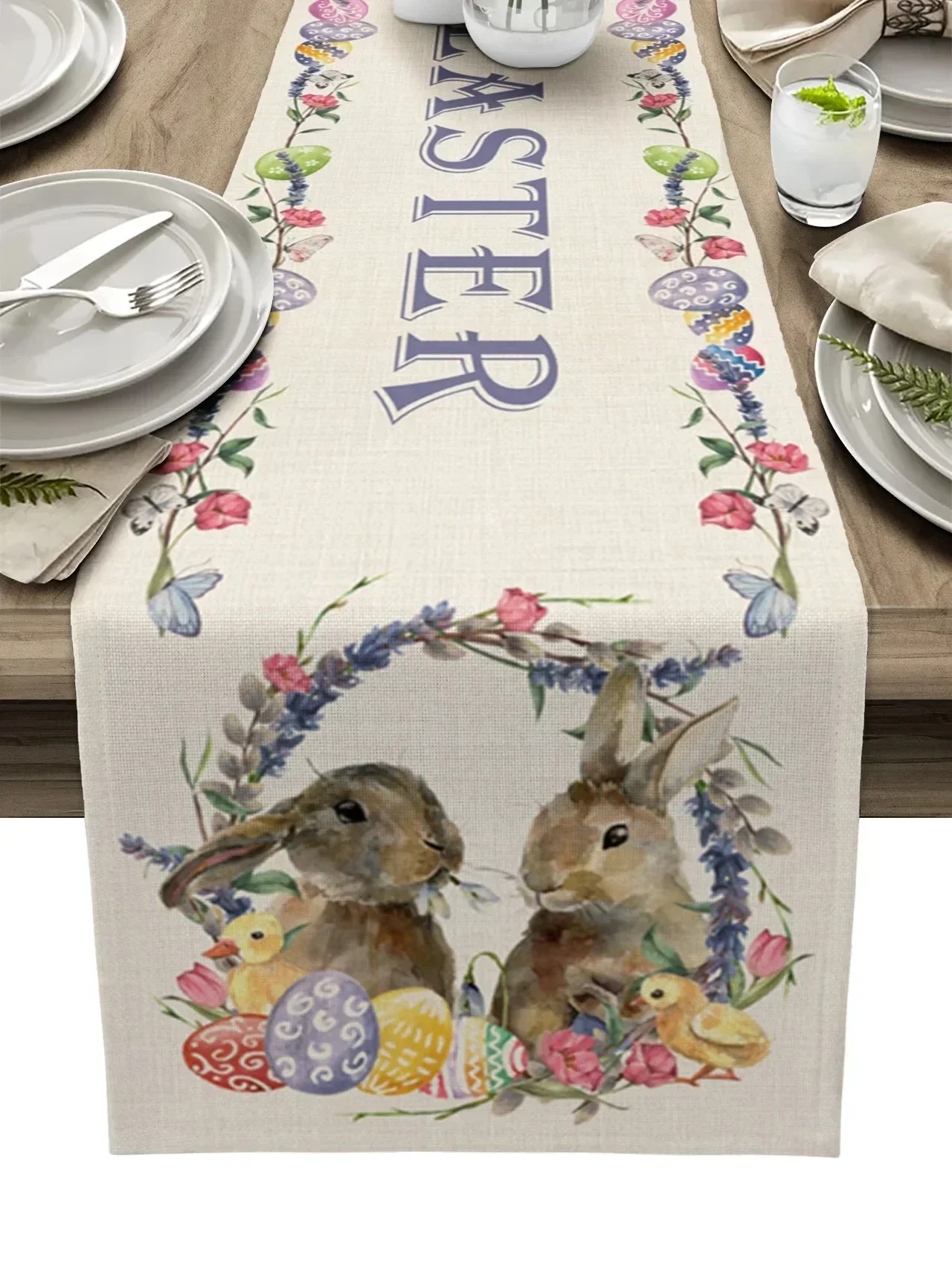 Easter Bunny Egg Flower Linen Table Runners Holiday Party Decorations Farmhouse Dining Table Runners Easter Decorations 2025