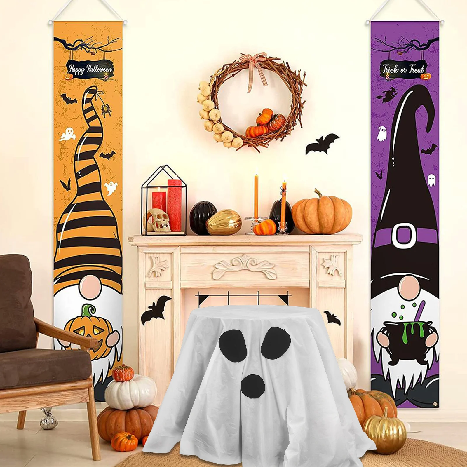 

Halloween Party Tablecloth Spooky Ghost Design Round Dining Cover for Indoor Outdoor Kitchen Banquet Holiday Decor White Black