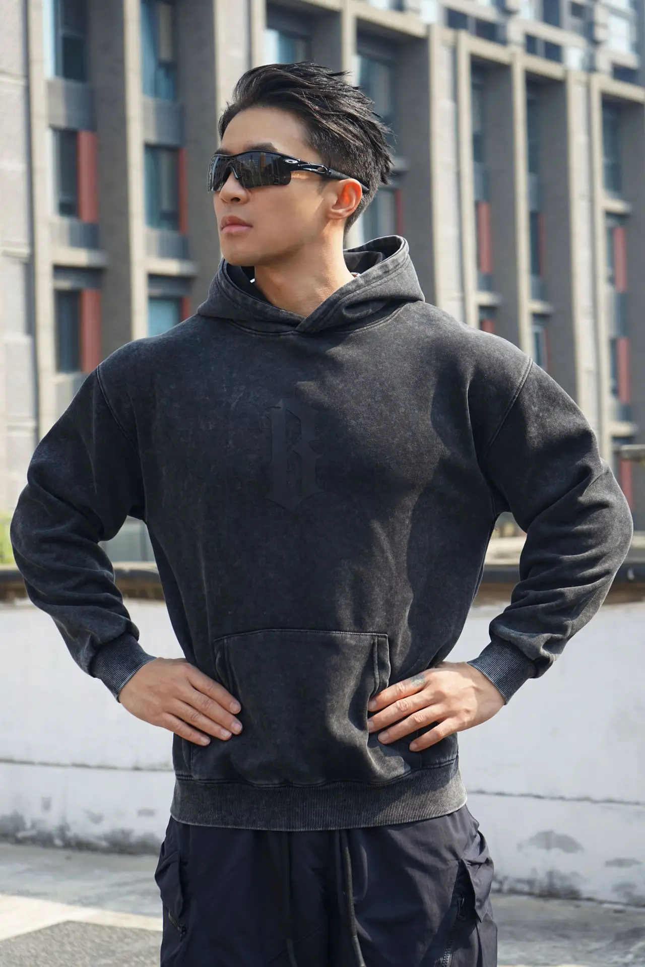 Heavy sports hoodie men long sleeves washed to make old cotton hooded jumper autumn and winter round neck fitness training hoodi