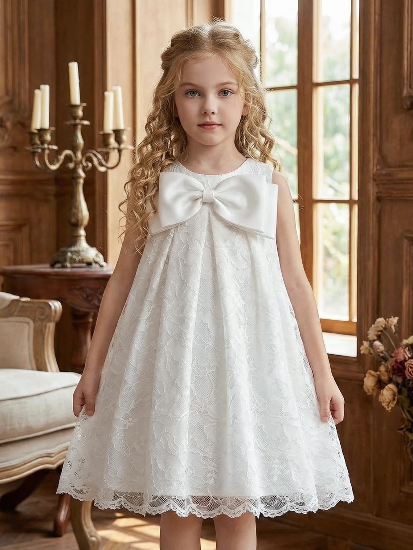 Young Girl High-end Lace White Evening Gown Knee-Length Skirt, Birthday Party, Flower Girl Dress, Banquet, Stage Performance
