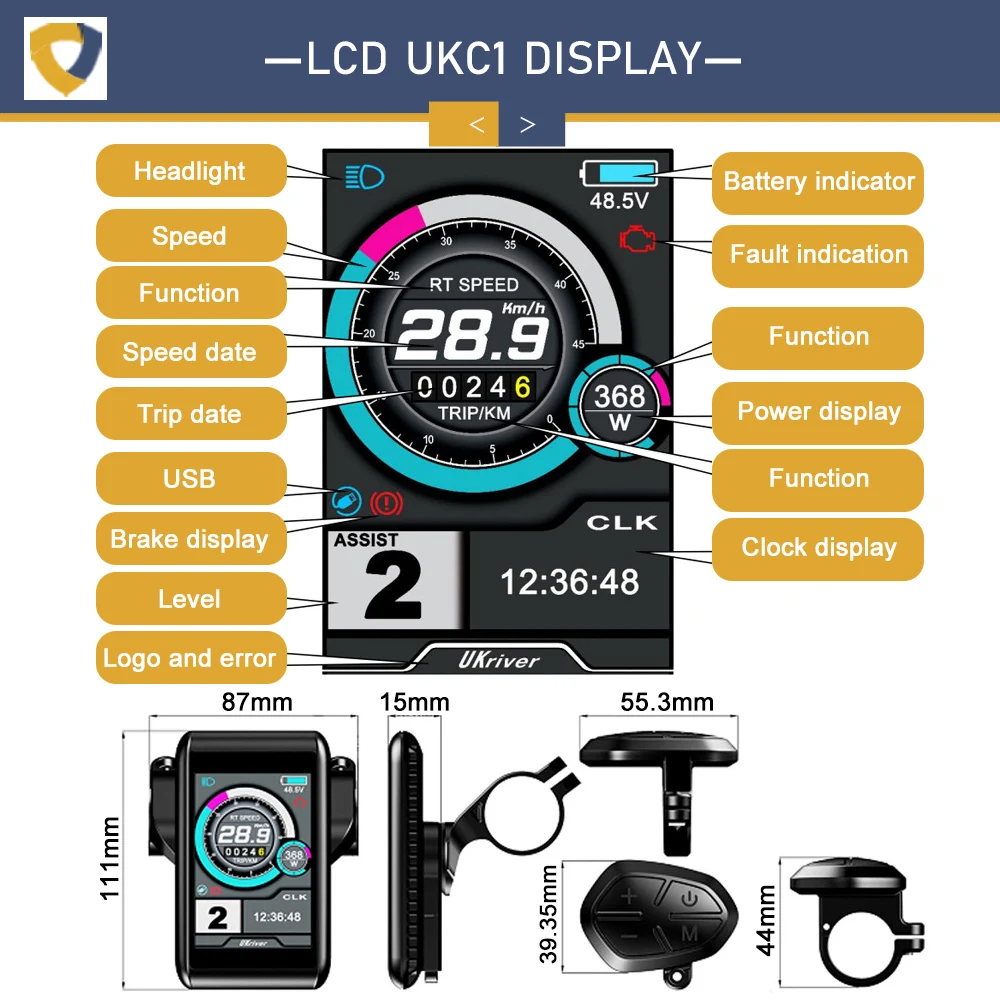 Ebike 36V/48V Controller 17A 26A 30A Three-Mode Sine Wave with LCD UKC1 Display For 250W-1500W HUB motor Ebike Conversion Kit