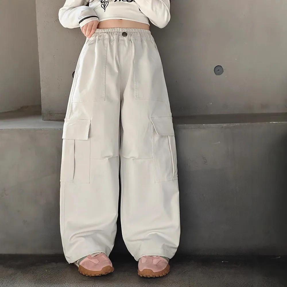 

Autumn Korean Teenager Girls Pant New Simple Pocket Children Girls Cargo Pant Button Elastic Waist Junior Girls Wide Leg Pant