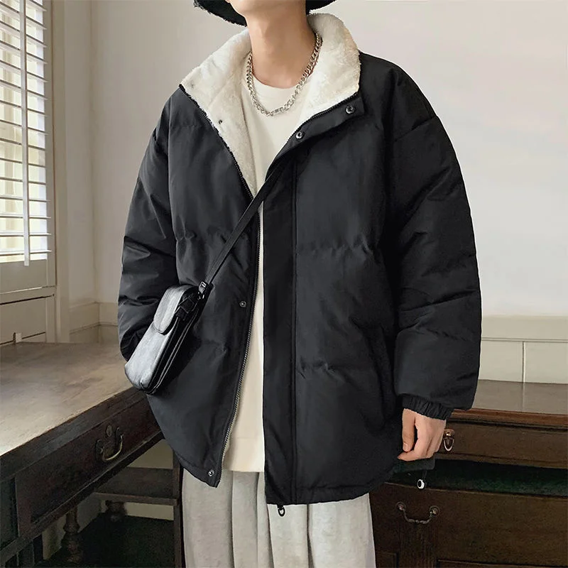 

Winter Thickened Clothes Men's Parkas Stand Collar Fashion Brand Solid Color Jackets Fleece Warm Male Padded Coats