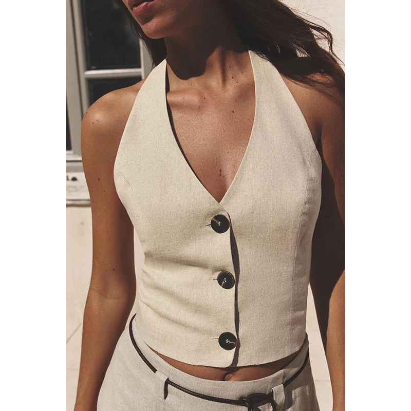 Casual Lin Blend Svel V-Ne Top with  Knot Decor Midi Skirt Two-Piece Set Ele Sle for Women Spring Summ...