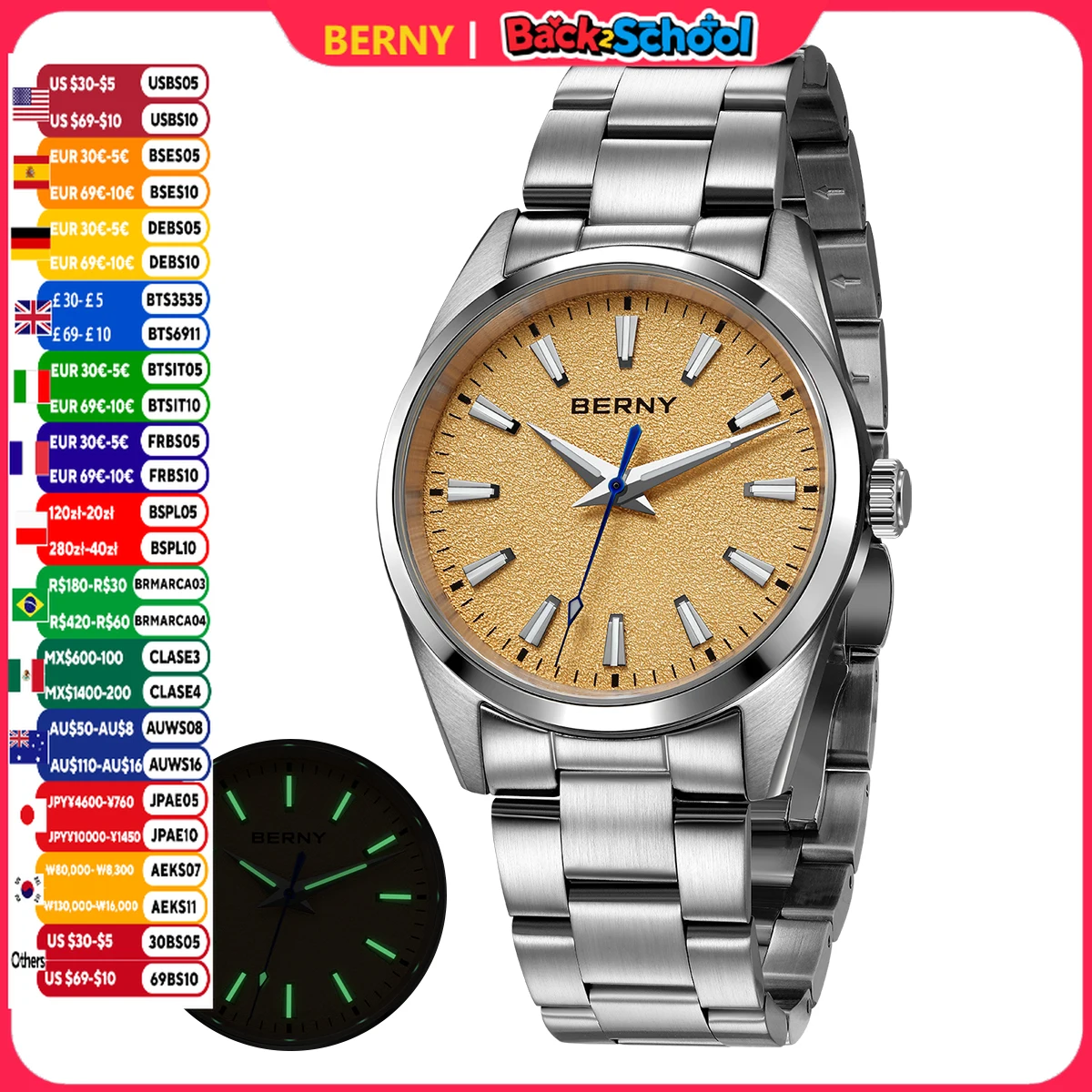

BERNY Watches for Men Luminous AR Sapphire Classic Dress Business Quartz Men's Watch 10ATM Elegant Fashion Casual Wristwatch