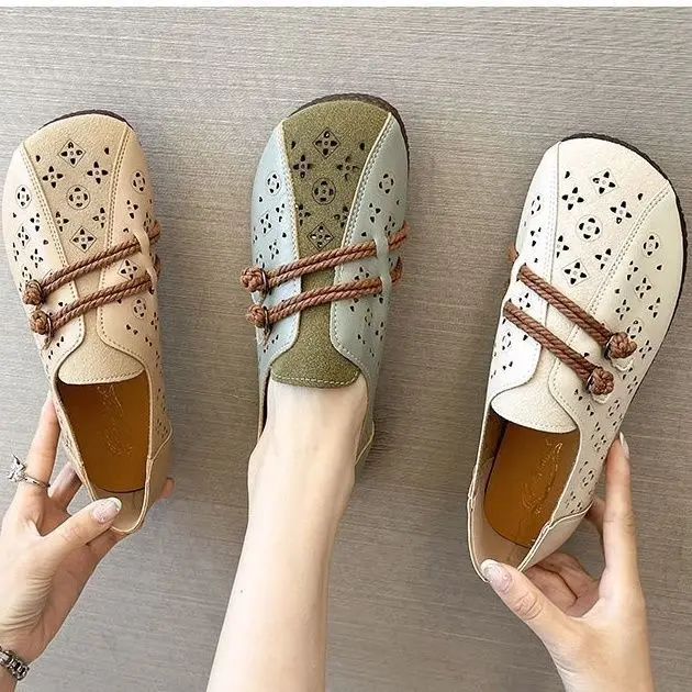 2024 Newly Square Toe Women\'s Flats Designer Cutout Shoes Ladies Wide Fit Soft Leather Moccasins Female Driving Sneakers