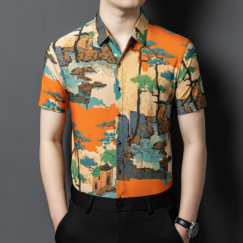 

Chinese Style Print Shirts For Men Short Sleeve Casual Icy Silky Summer Quality Soft Comfortable Coolness Handsome Chemise Homme