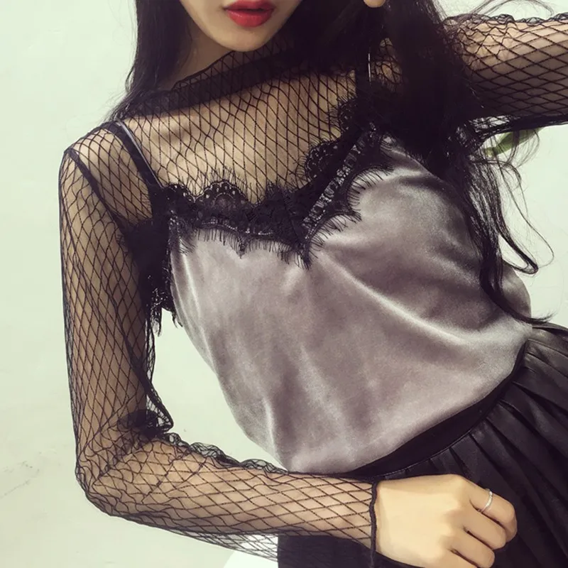 Women Lace Floral T Shirt Transparent Mesh Ladies Tops Sheer Blouses Autumn See-Through Turtleneck Black Long Sleeve T shirt