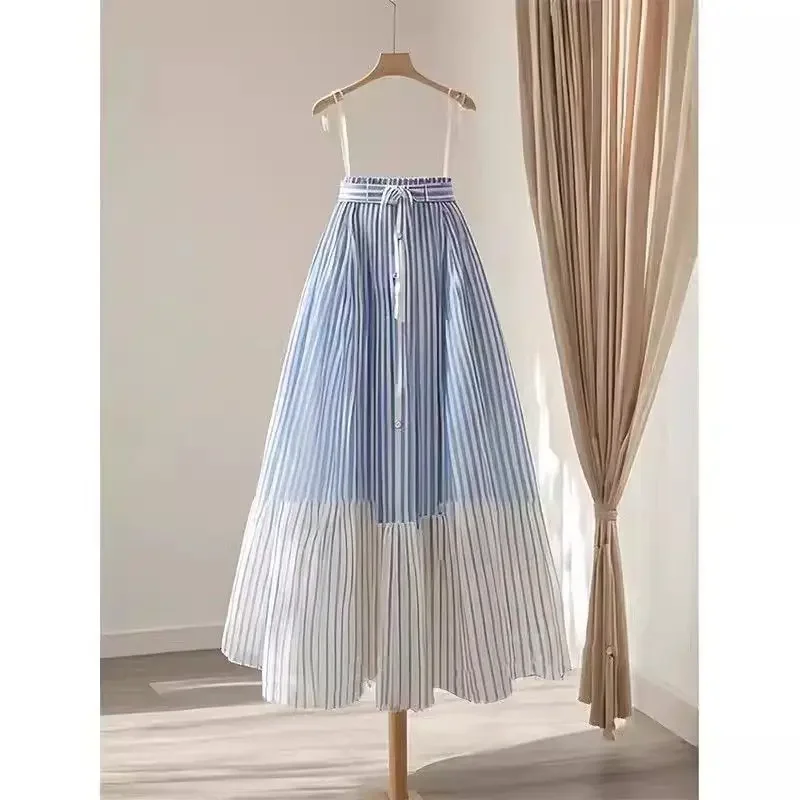 

Женская эластичная праздничная юбка на шнуровке с высокой талией, модная лоскутная свободная юбка-миди Jupe 628P, новая летняя повседневная полосатая юбка трапециевидной формы