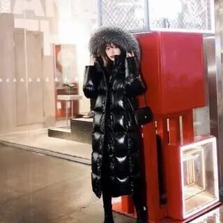 Women Cotton-Padded Jacket New Down Jacket Over-The-Knee Long Black Glossy Thick Fur Collar Padded Coats