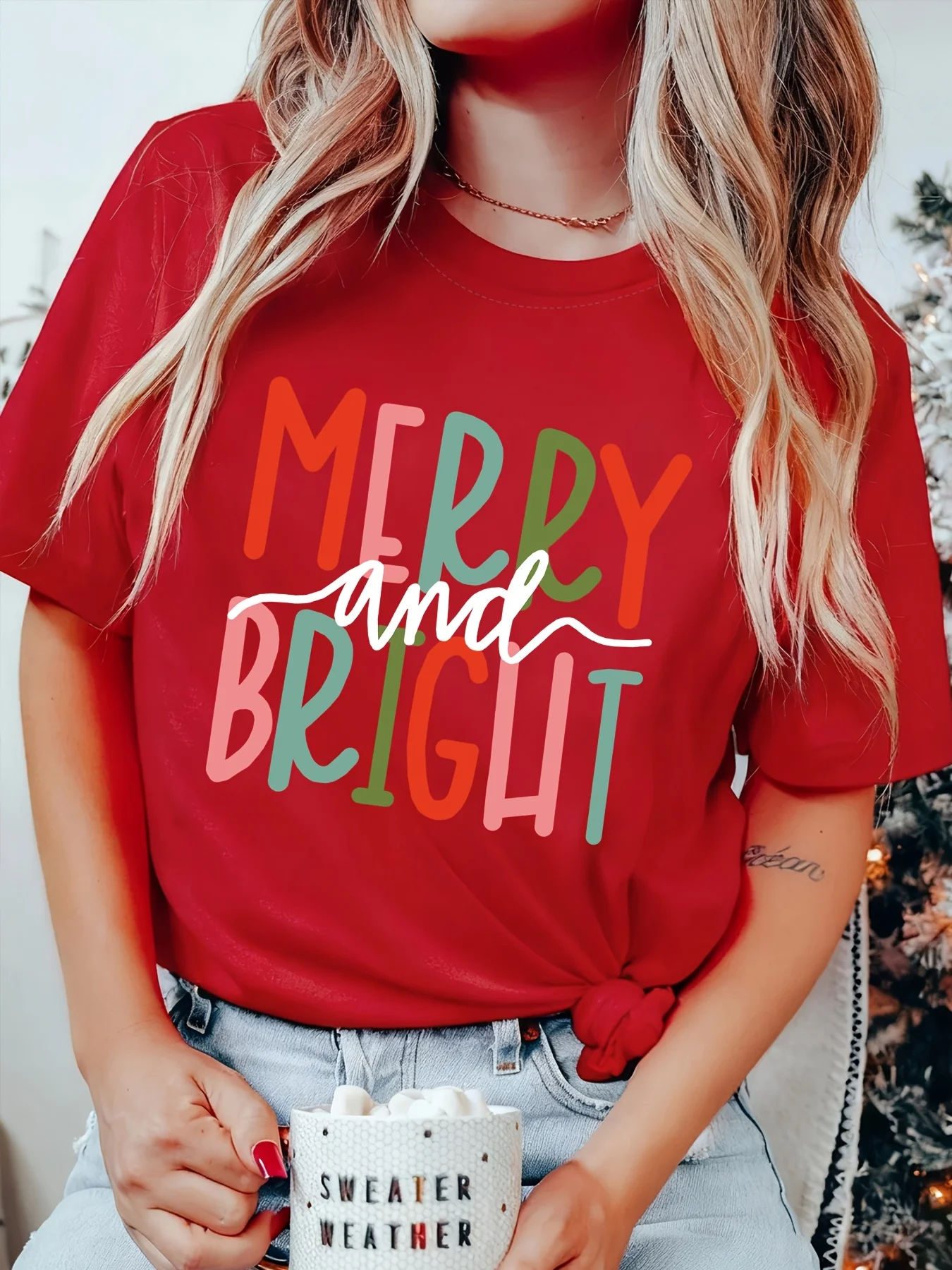Merry and Bright Simple Text Printed Round Neck T-shirt Summer Women's Essential Casual Slimming Top Small Gift