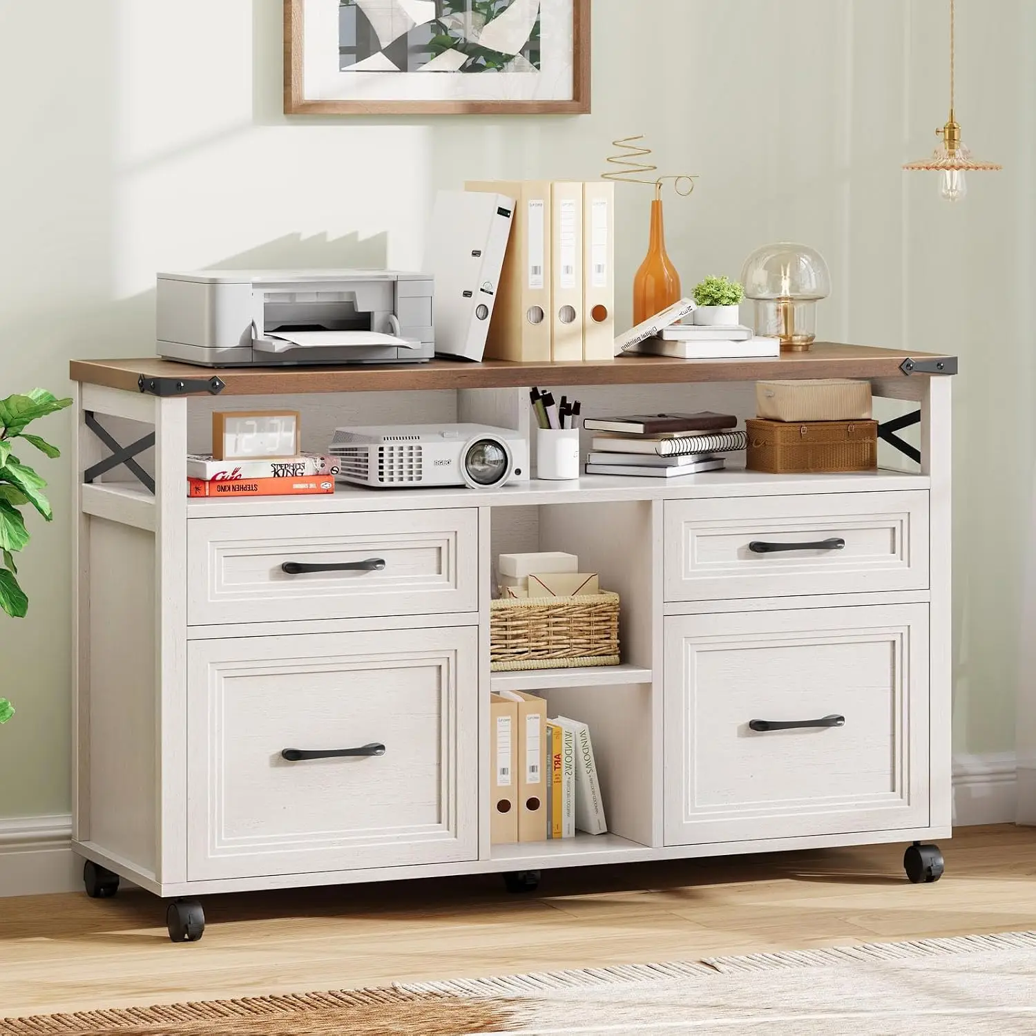 Farmhouse File Cabinet with Shelf & Wheels, 4 Drawer Lateral Storage for A4/Letter Files, Home Office, Customized