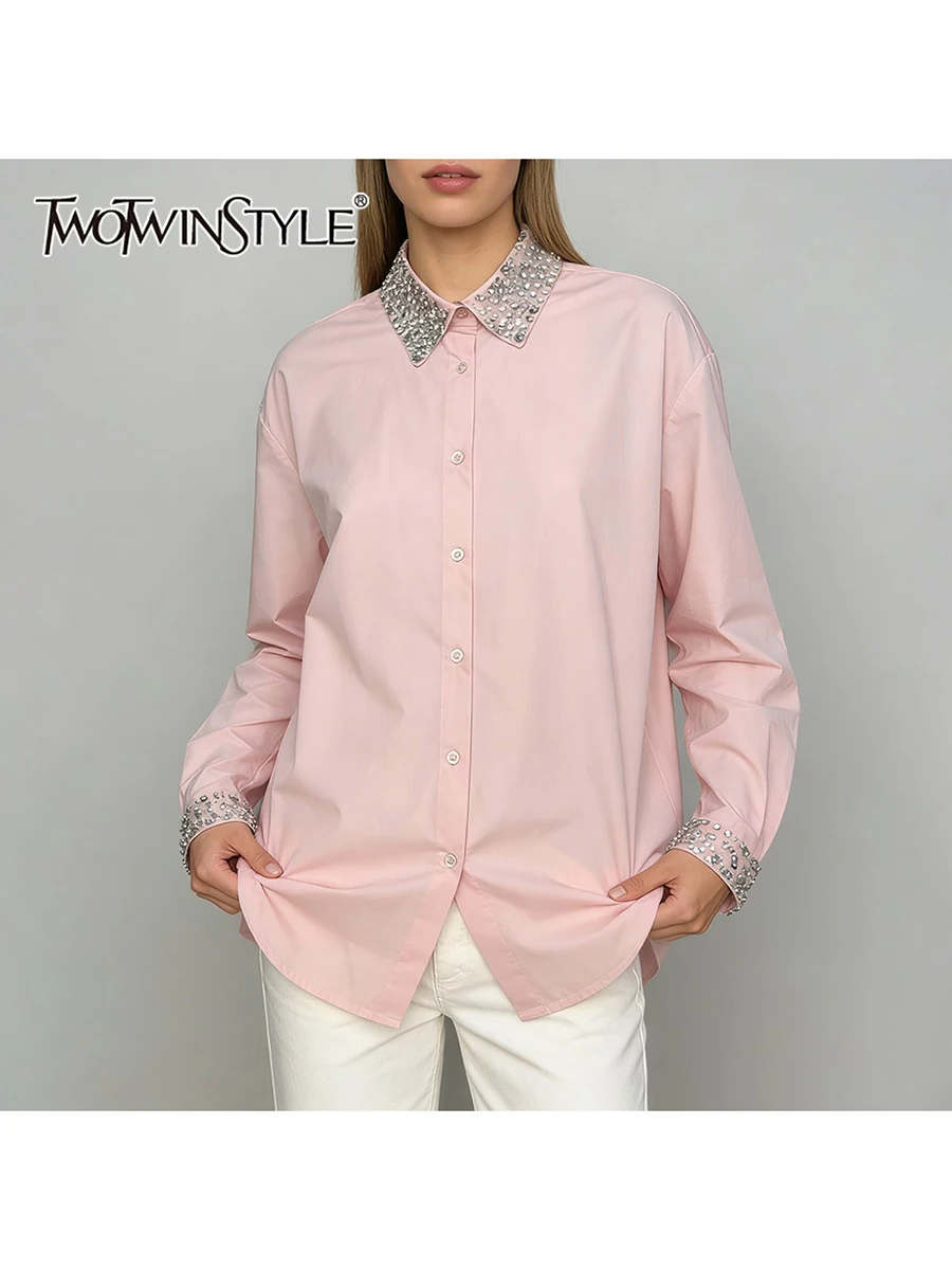 

TWOTWINSTYLE Solid Loose Spliced Bead Fashion Shirt for Women Lapel Long Sleeves Patchwork Single Breasted Shirts Female Clothes