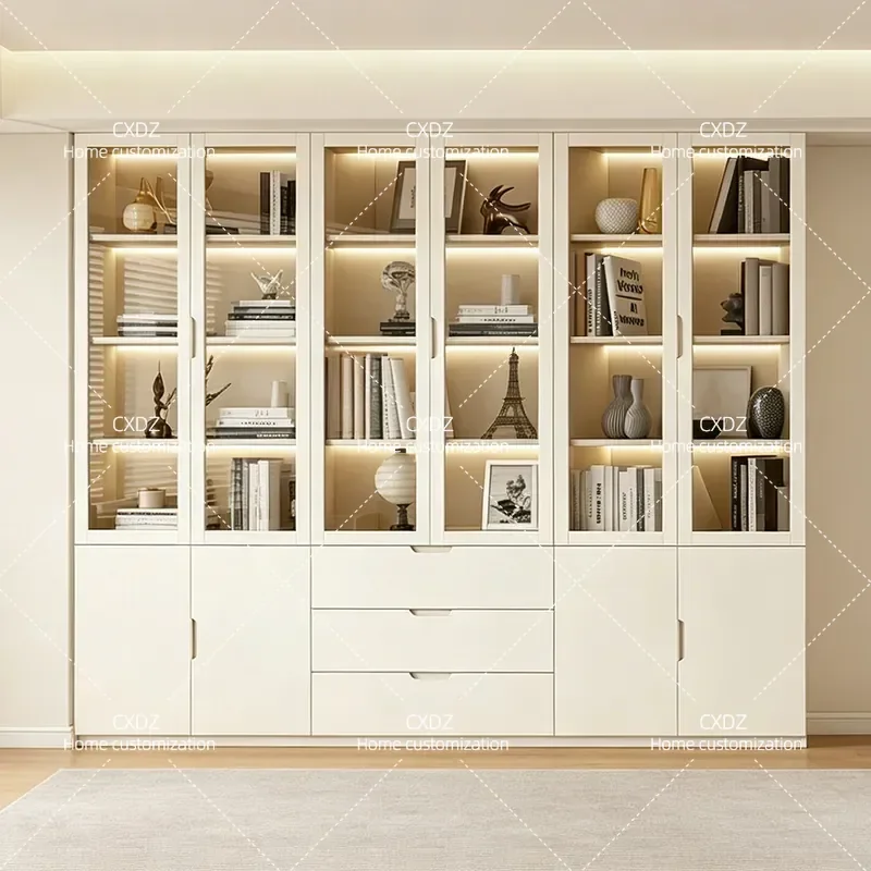 Solid Wood Bookcase Cream Style Household Study Storage Cabinet ENF Grade Handle Free Tempered Glass Door Display Shelf