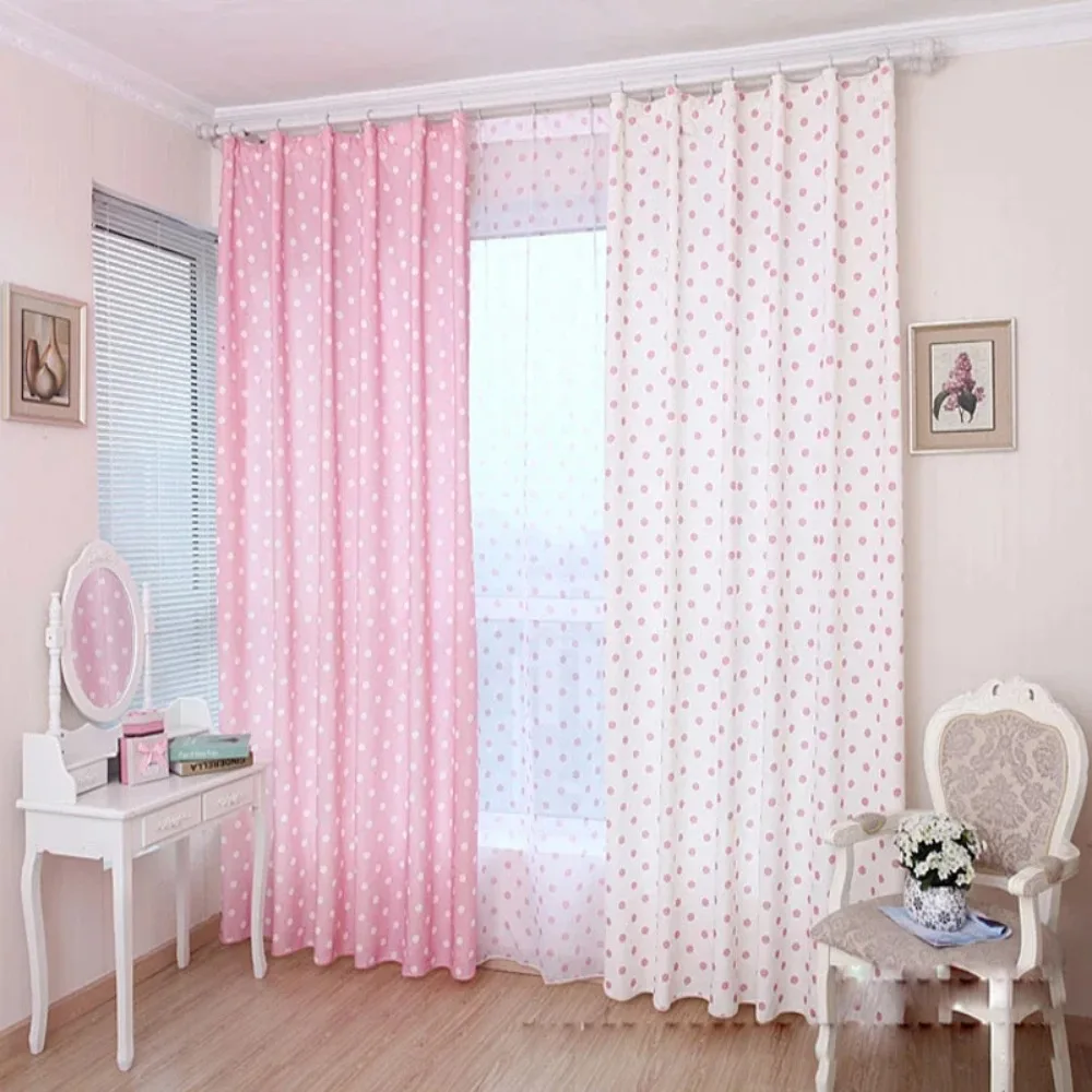 Small Dot Pattern Curtains Korean Fresh Semi Shade Curtains Kids Girls Bedroom Curtains Cloth Tulle Custom Made