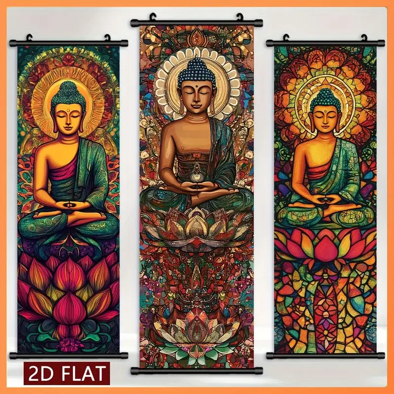 VIKAMA Spiritual Meditation Buddha Scroll Tapestry, Vibrant Stained-Glass-Style Mandala Lotus Vertical Wall Hanging, Home Decor