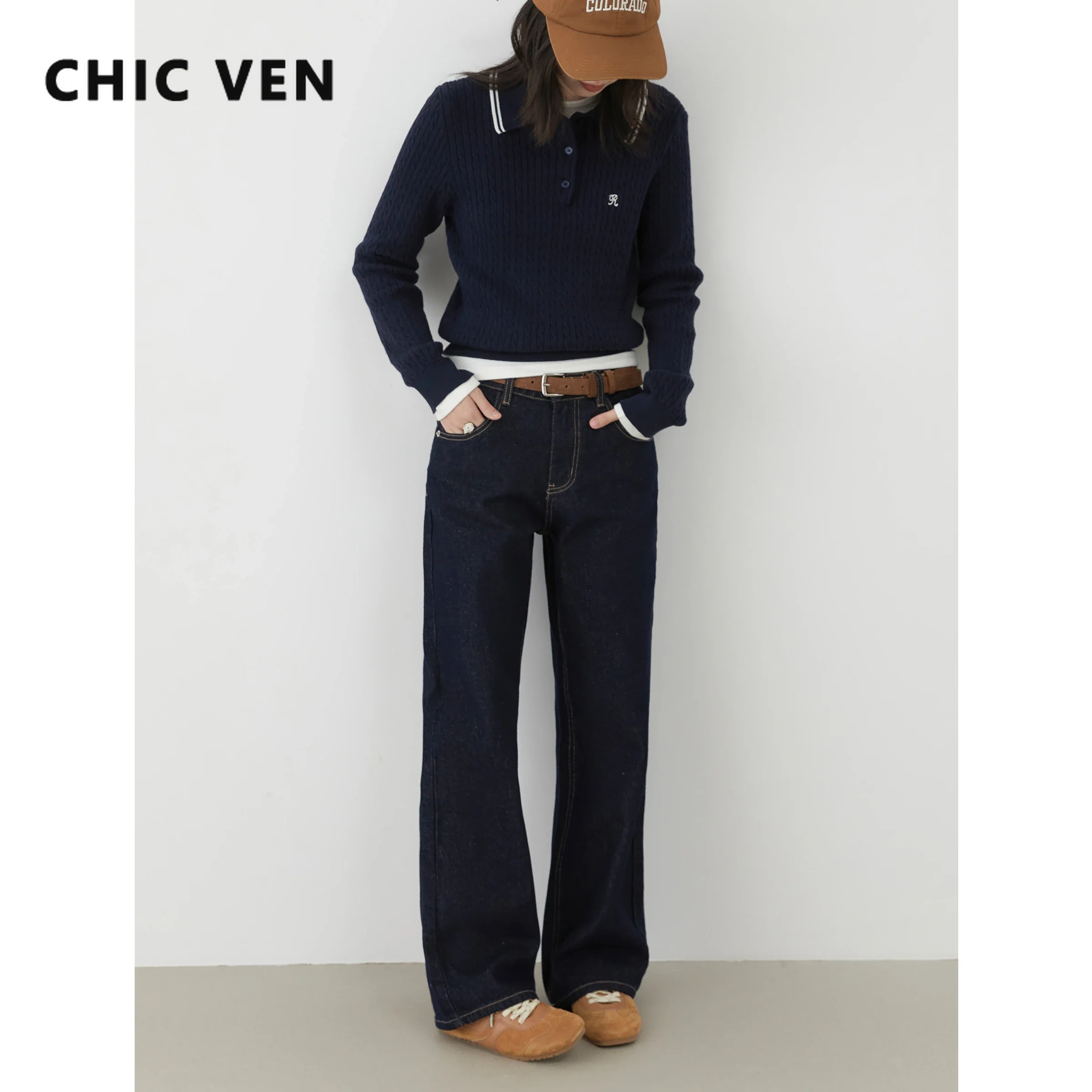 

CHIC VEN Women Jeans Streetwear Retro Straight Wide Leg Denim Pant Blue Slimming Female Trousers Spring Autumn 2024