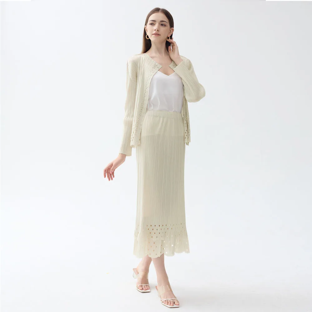 Miyake Pleated 2 Piece Women\'s Solid Color Half Skirt Set 2023 Autumn Fashion Casual Hollow Out Two Piece Cardigan + Half Skirt