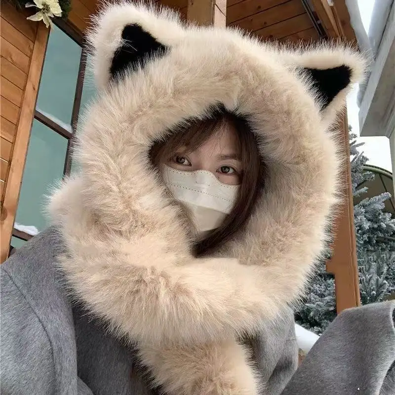 Gorro con orejas de gato de piel sintética, bufanda para mujer y niña, gorro cálido de felpa para invierno, protección para el cuello y las orejas, regalo grueso y cálido para fiesta de año nuevo