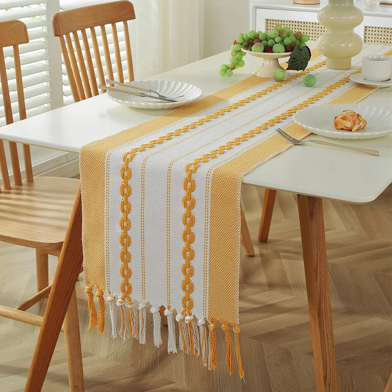 Nordic 3D Cotton and Linen Table Runner Party Long Dining Tablecloth with Tassels Shoe Cabinet Cover Towel for Living Room