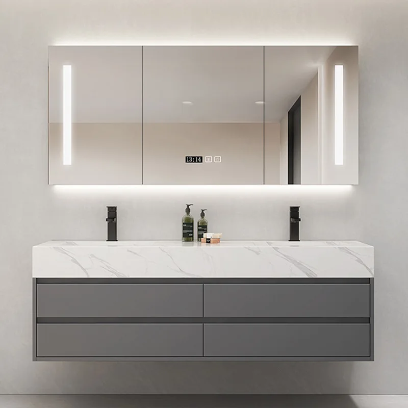 Modern Bathroom Cabinet Rock Slab Integrated Ceramic Sink Combination Mirrors Drawer Wash Double Basin Cabinet Storage Furniture