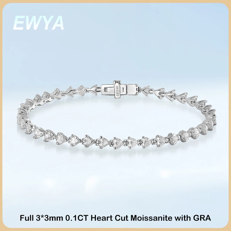 EWYA GRA Certyfikowana pełna bransoletka tenisowa 3 * 3 mm 0,1 CT D Color Heart Cut Moissanite dla kobiet 925 Silver Link Bransoletki dla par Prezent