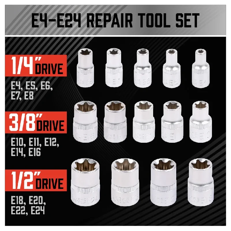 14-Piece E-TORX Socket Set - Premium Female Torx Socket Set, Ultimate Torque Star Sockets, External Torx Sockets