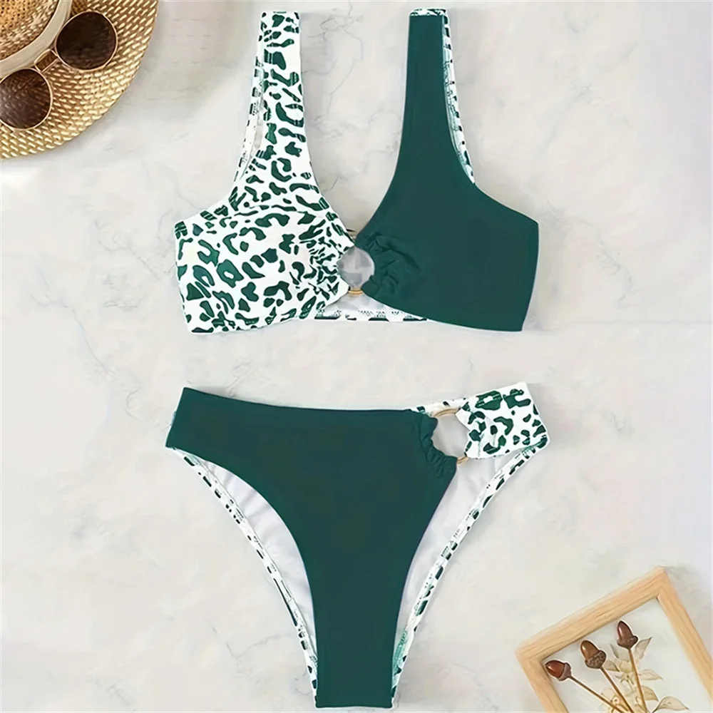 Verde leopardo biquíni anéis maiô push up tankini retalhos férias roupa de banho feminina praia verão outfits biquini