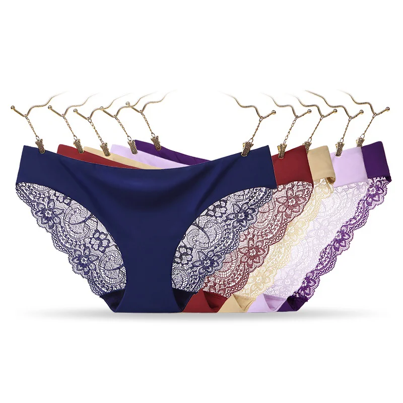 3Pcs Sexy Lace Panties Women Seamless Panty Set Hollow Panties Transparent Ice Silk Seamless Lingerie Plus Size S-XXL