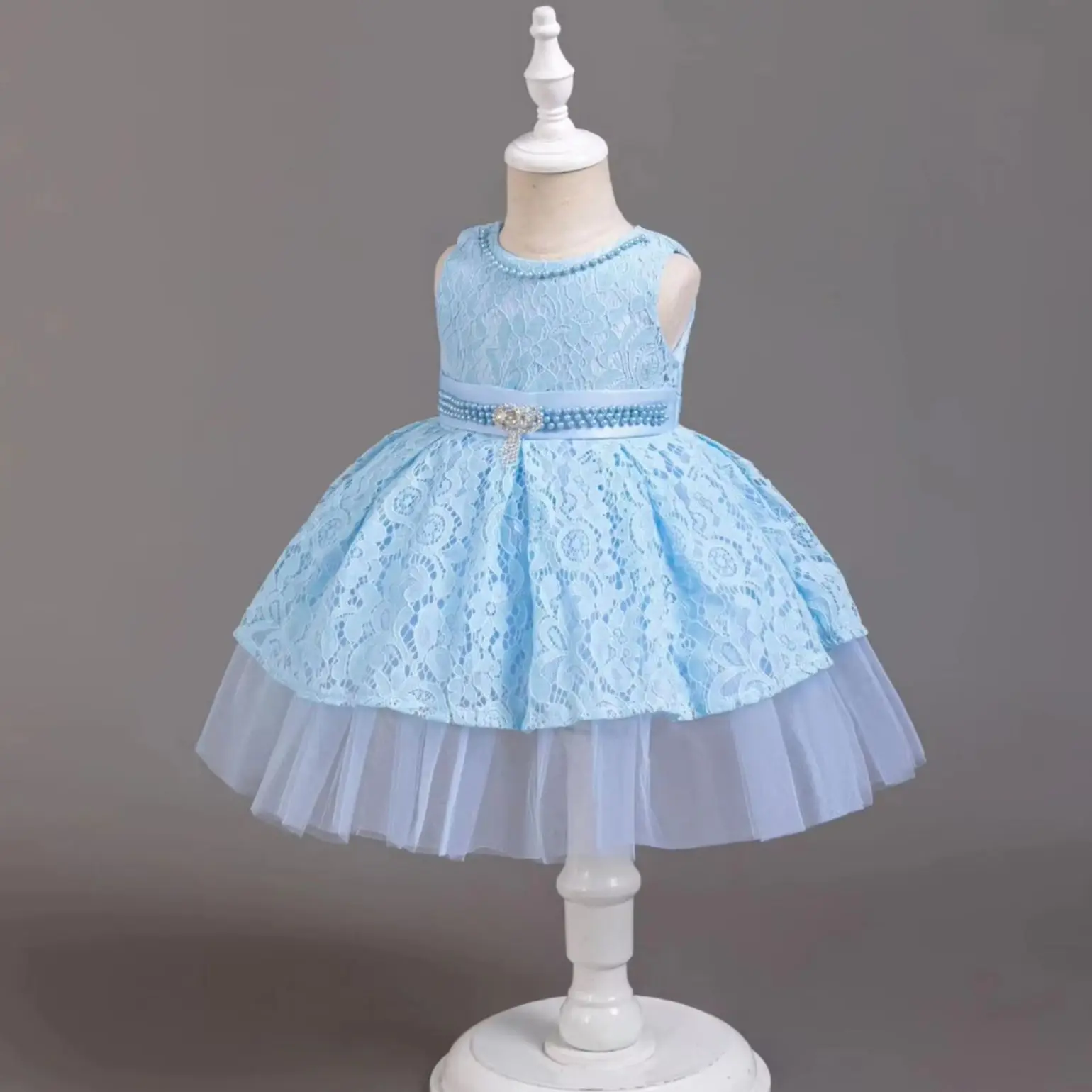 Girl\'s Dress Lace Sleeveless Applique Princess Dress Wedding Flower Girl One Year Host Performance Dress for 0-3 Years