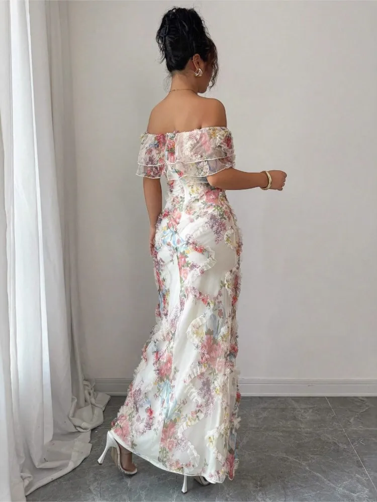 Sexy Boat Neck Dress For Women Fashion Spring Summer Elegant Romantic Ruffled Off-shoulder Waisted Floral Printing Dress Female