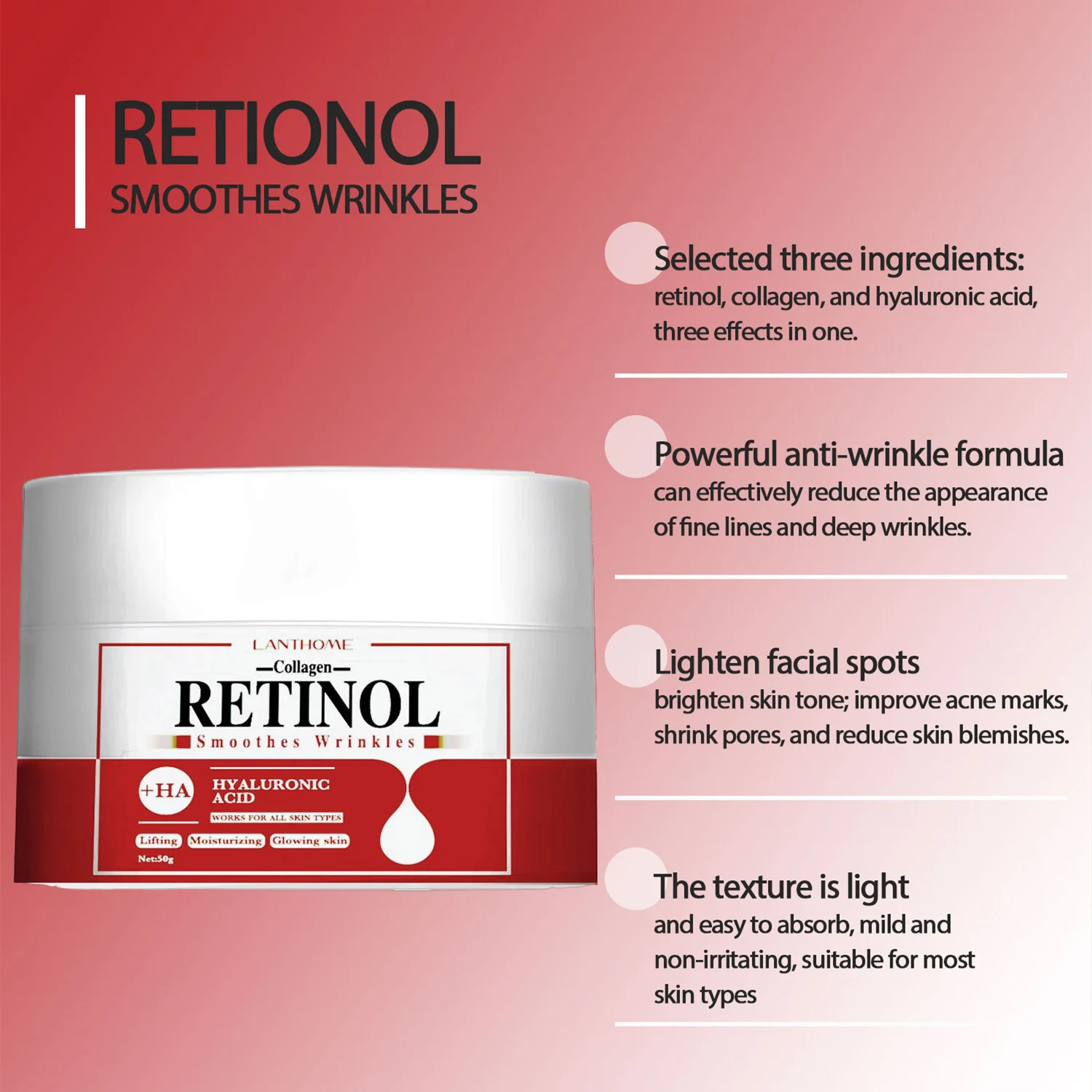 Collagen Retinol Facial Cream Whitening Brightening Skin Color Hyaluronic Acid Moisturizing Anti-Wrinkle Skin Care Face Cream