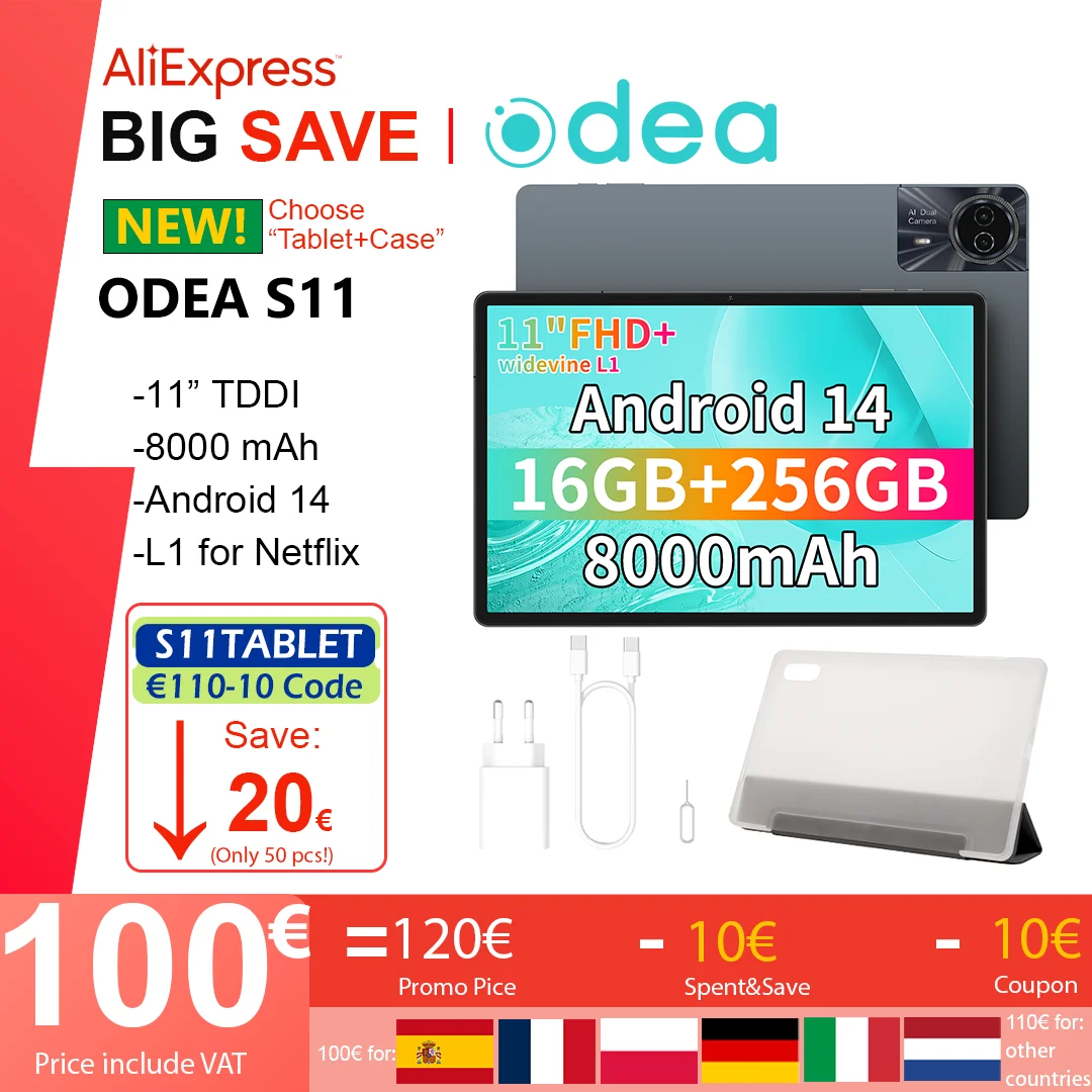 ODEA S11, 11 inch TDDI, 8000mAh, Android 14 tablet, (6GB + 10GB expansion) 16GB RAM, ROM 256GB, 1920x1200 IPS, UNISOC T606, 8 core Mali-G57 4G LTE Wifi GPS SIM slots * 2 + TF * 1 Widevine L1 for Netflix