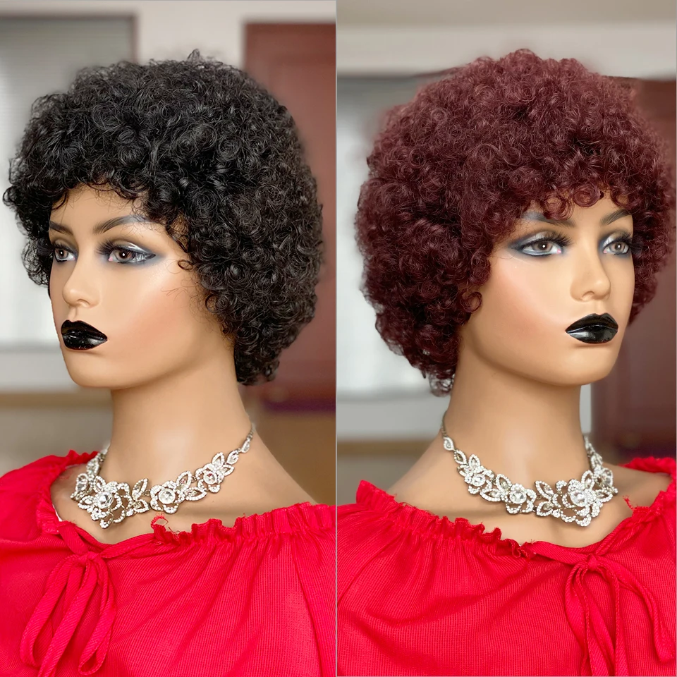 Short Afro Kinky Curly Wig Pixie Cut Wigs Brazilian Remy Hair Afro Puff Human Hair Wigs For Women Full Mahine Made Wigs