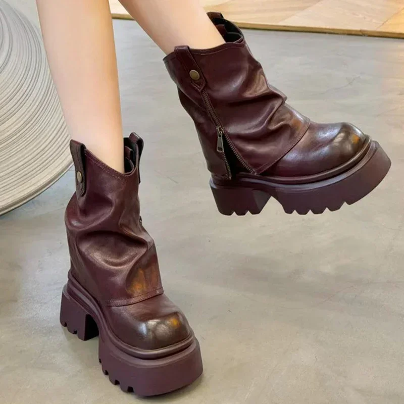 Women Snow Ankle Platform Leather Boots 2025 New Trend Winter Motorcycle Boots Chelsea Zippers Chunky Pumps Dress Zapatos Mujer