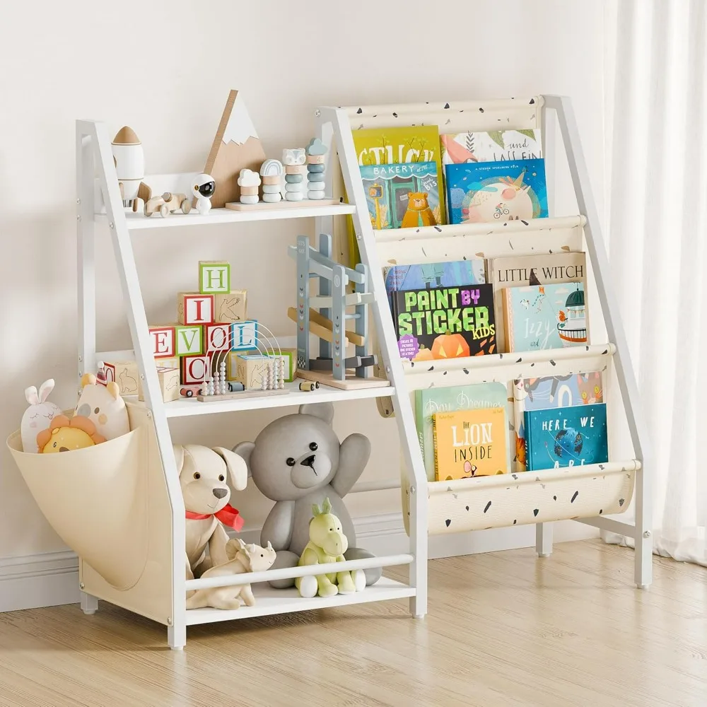 Kids Bookshelf,3-Tier Book Shelf for Kids Rooms Montessori Printed Sling Shelf with Toy Storage, Bookshelf for Kids Rooms