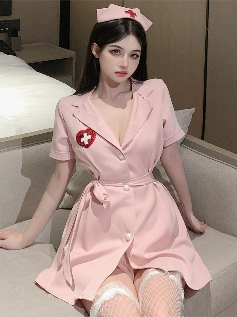 Sweet Pink Mini Dress Cosplay Nurse Uniform Lace Up Dress Elegant Fashion Women T Short Dress 2023 New V Neck Spice Girls 5NYZ