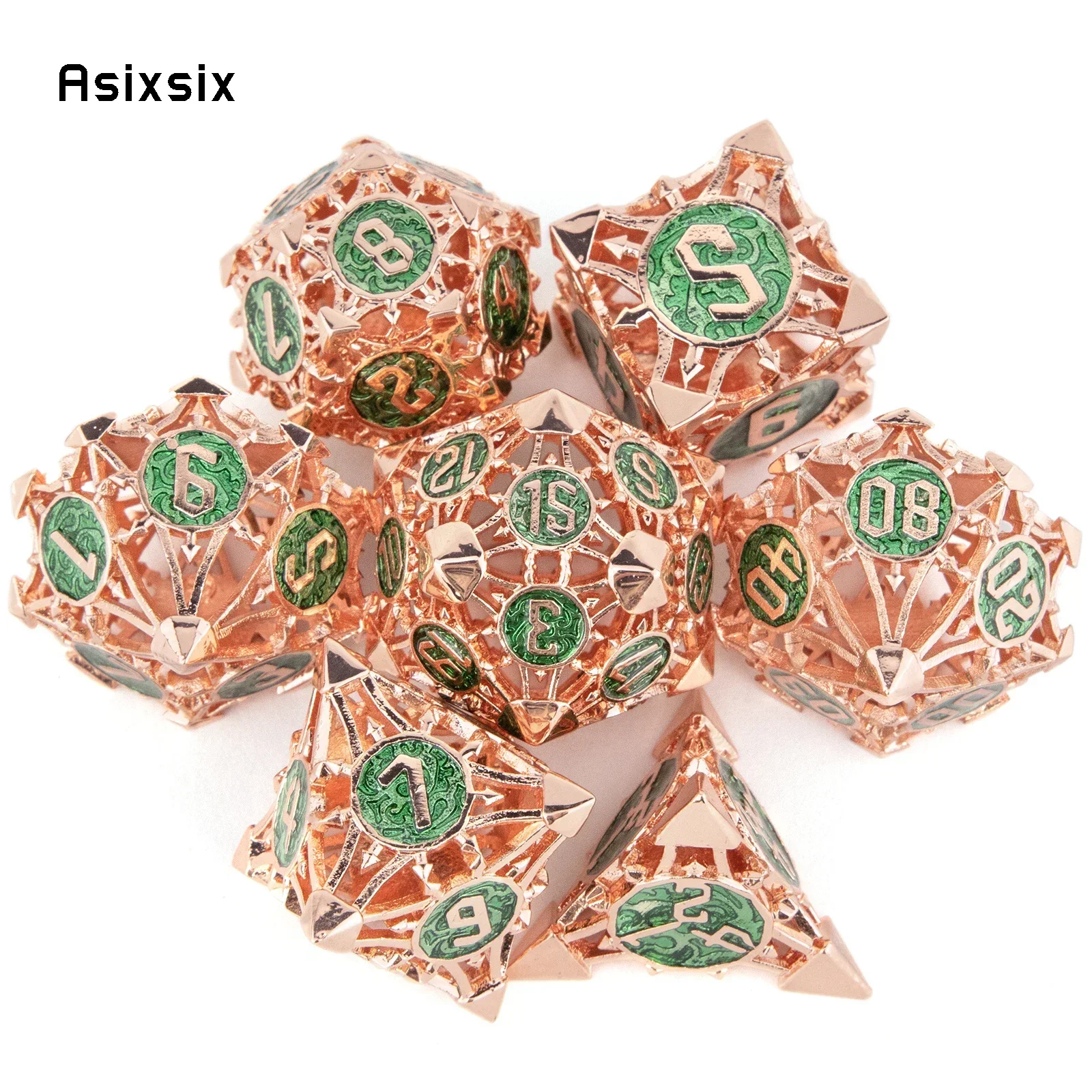 

7 Pcs Red Green Metal Dice Hollow Metal Polyhedral Dice Set Suitable for Role-Playing RPG Board Party Dice Prop Gift