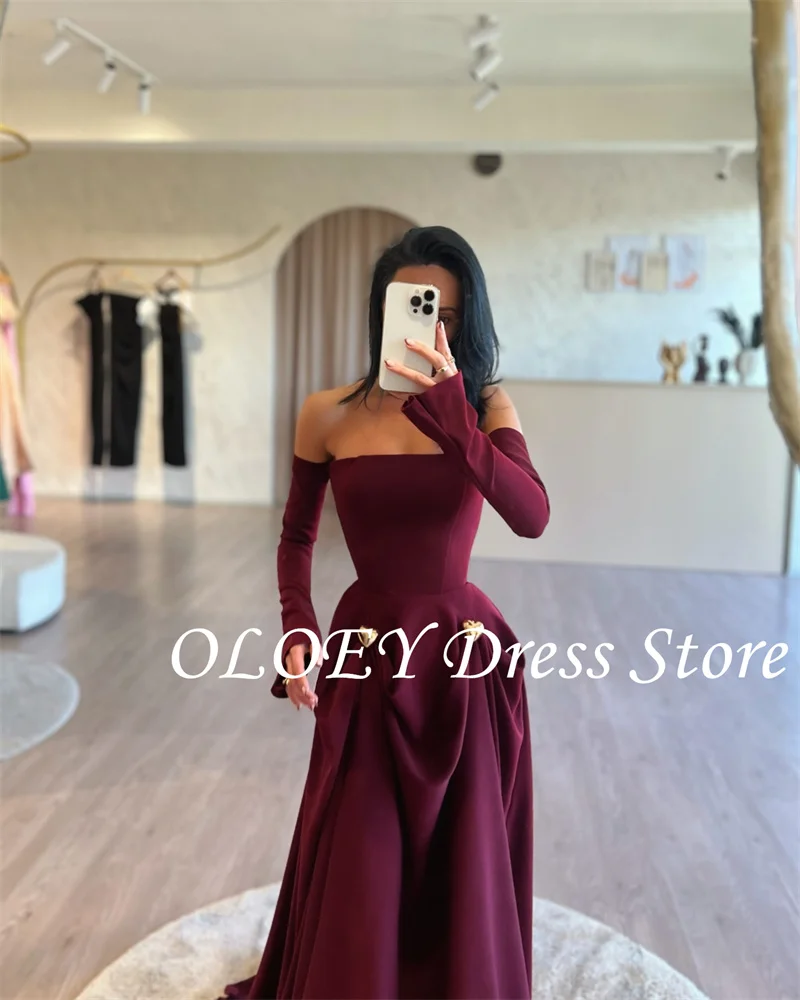 OLOEY Elegant Off Shoulder Evening Dresses Long Sleeves Soft Satin Wine red formal Party Dress Vestido de fiesta Customized