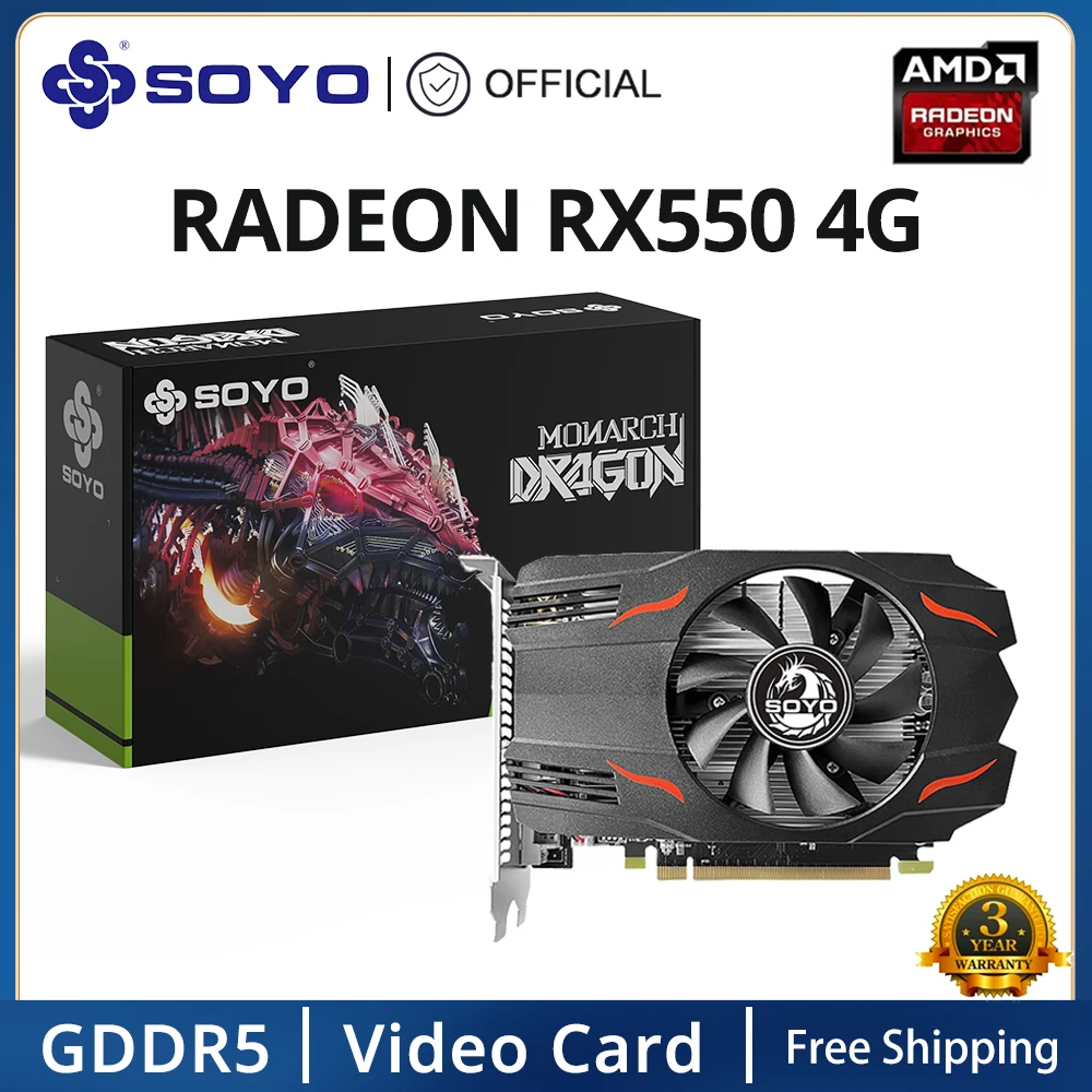 SOYO Full New AMD GPU Radeon RX 550 4G GPU GDDR5 14nm Computer PC Gaming Video HDMI-compatible DP DVI 128Bit Graphics Card