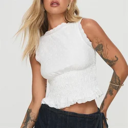 Hollow Out Jacquard Backless Crop Top Y2k Woman Lace Trim Ruffles Sleeveless Ruched Smoked Tees Summer Casual White Slim Fit Top