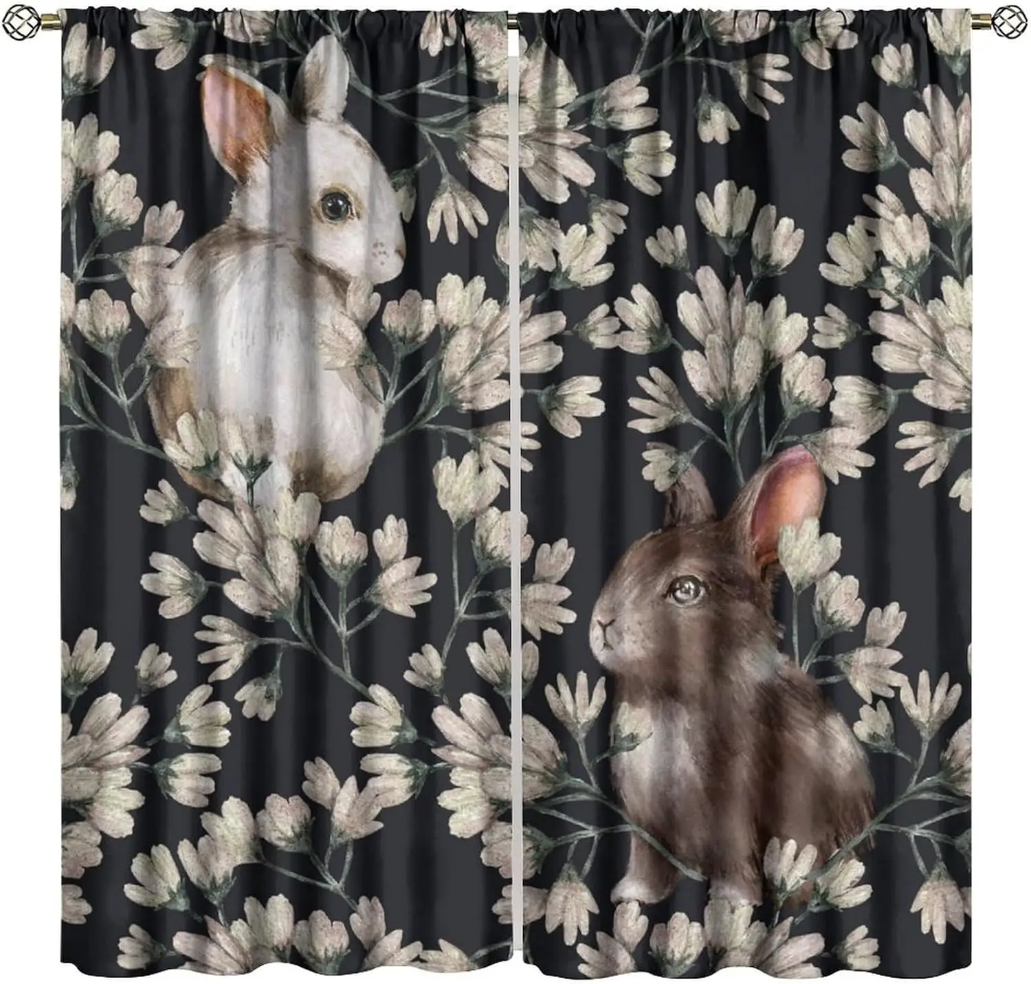 Retro Rabbit Decor Window Curtains,Vintage Flower Rabbit Print Decorative for Home Kitchen Restaurant Decoration Window Drapes